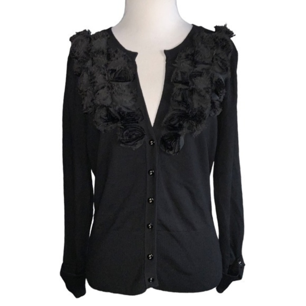 Mosca Black Deep V Floral Trim Button Front Casual Career Cardigan Sweater M